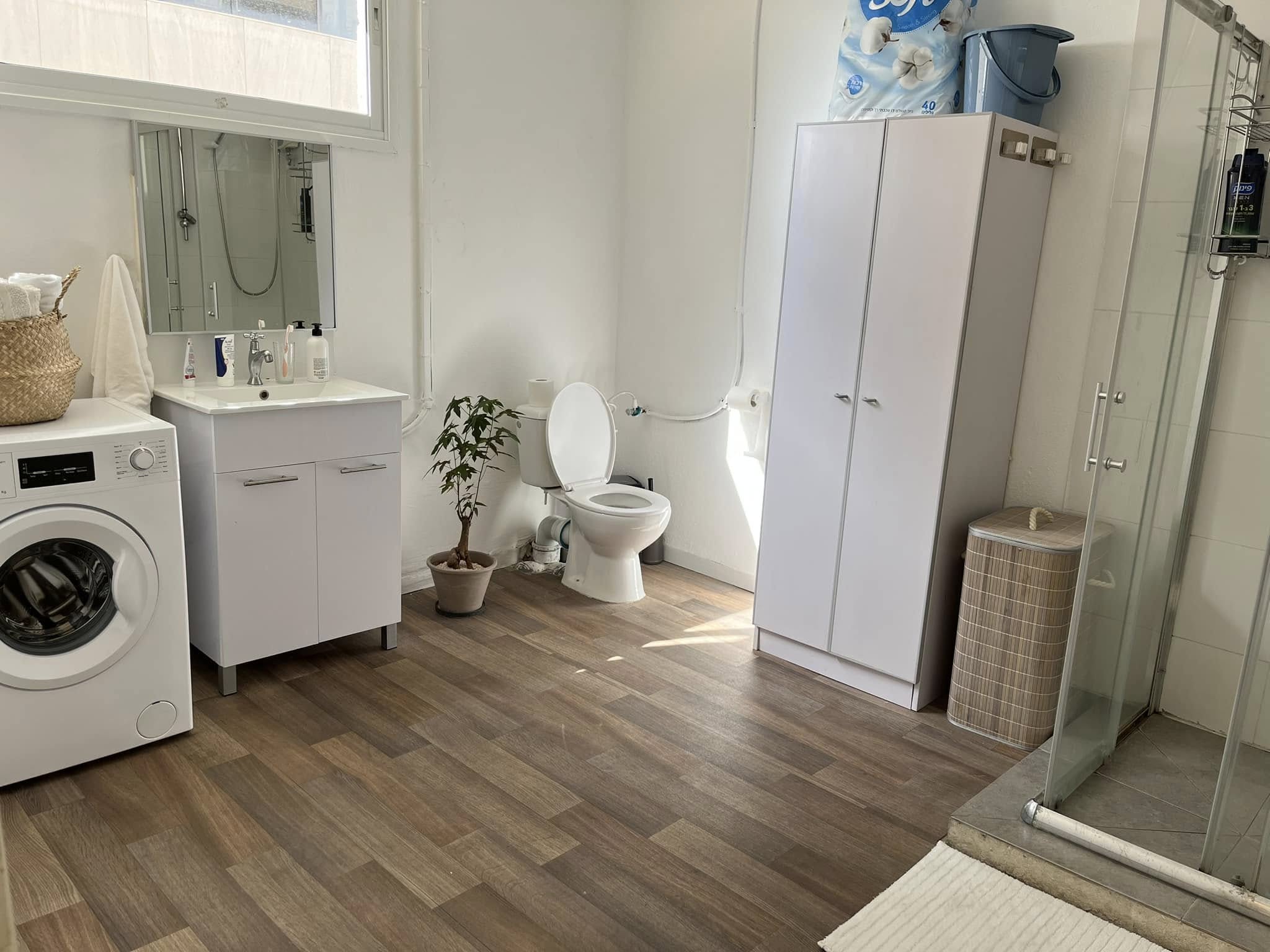 Bathroom with a vanity and mirror, toilet, glass shower enclosure and an integrated washing machine